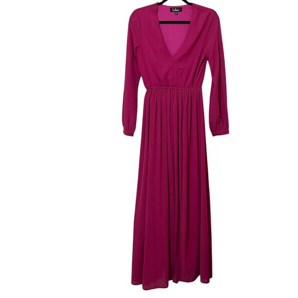 Lulus Pink Magenta Long Sleeve Maxi Formal Bridesmaid Dress Womens XS Faux Wrap - Picture 1 of 10